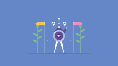guide, help, or hint for success. business people are confused and use a compass to choose or guide to the right path. the road to success. endeavors, inquiries, and journeys. illustration concept