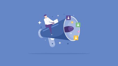 digital marketing, public relations, media promotion. a businessman uses a megaphone to attract followers, customers, clients and audiences. business marketing techniques. flat cartoon illustration