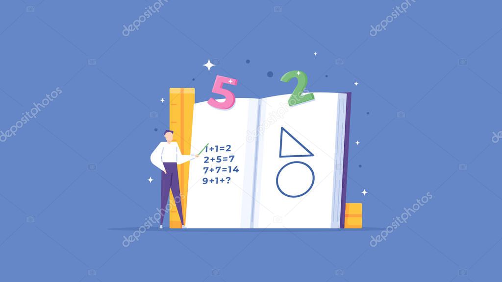 private lessons, courses, training in mathematics lessons. a teacher explains and teaches how to count based on books. education. flat cartoon illustrations. vector concept design