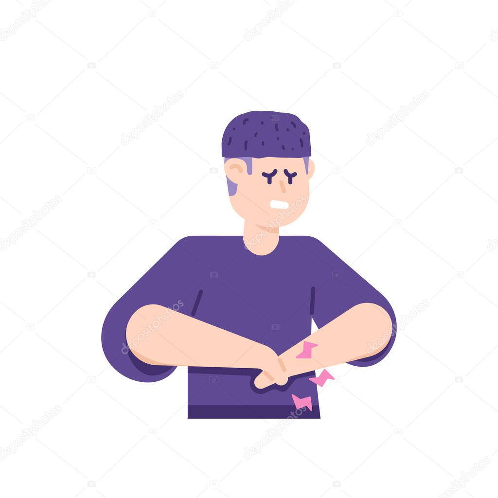 symptoms of stomach pain, nausea, ulcers, cancer, indigestion, kidney stones and kidney failure. A man holds his stomach because he feels pain. problems with the body. flat cartoon illustration