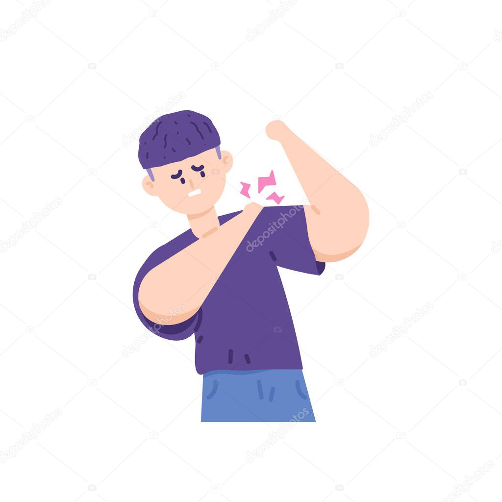 shoulder pain, muscle strain, injury, muscle inflammation, frozen shoulder, pinched nerve. a man holds his shoulder because of pain. health problems in the body. flat cartoon illustrations. vector 