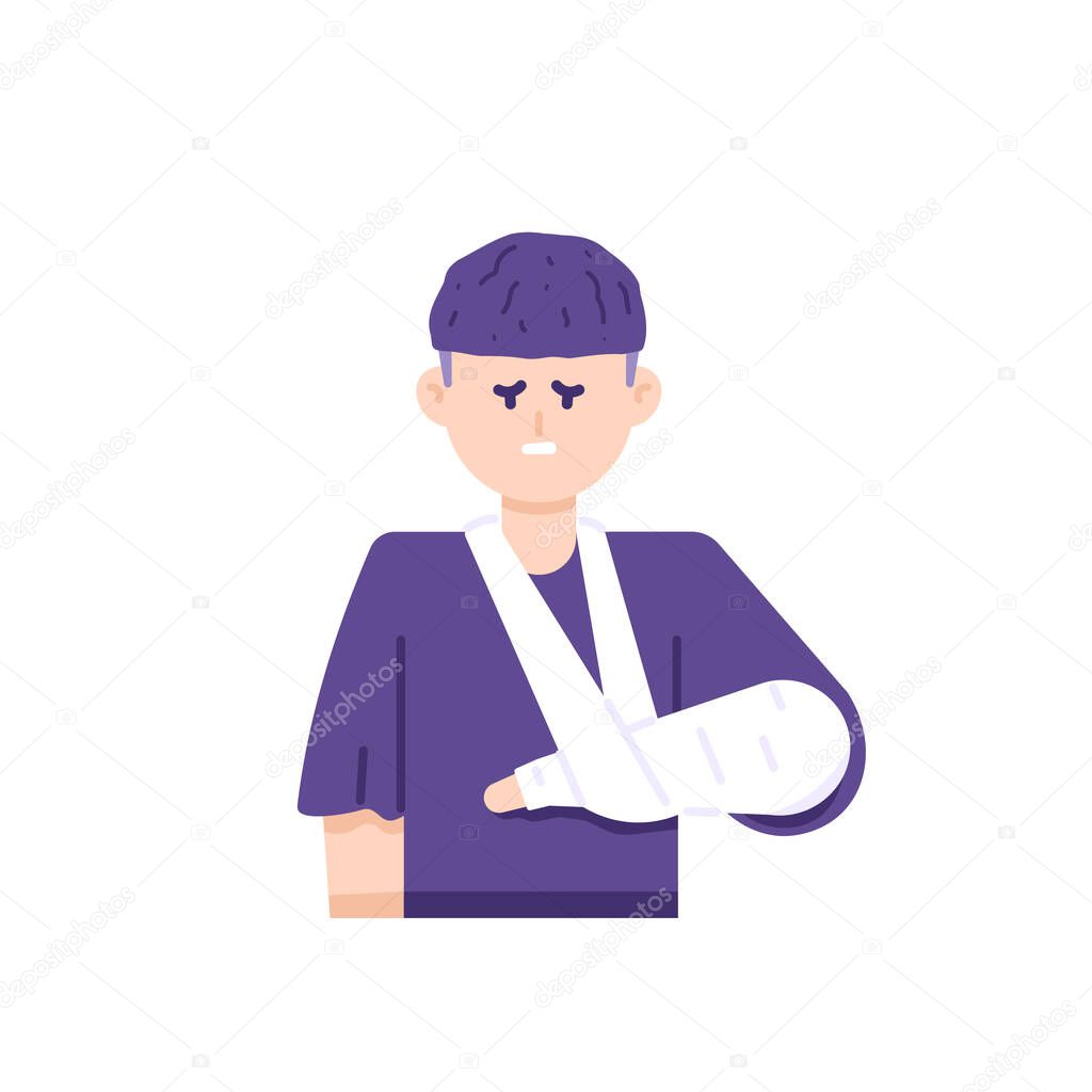 a man puts on a cast on the arm. fractures, hand injuries, pain. body problems. flat cartoon illustration. vector design