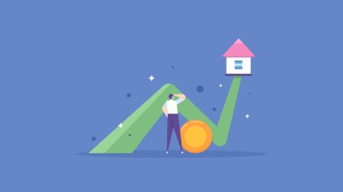 property business, real estate, home investment. a businessman sees an opportunity to increase property prices in the future. growth or increase in asset prices. flat cartoon illustration. concept
