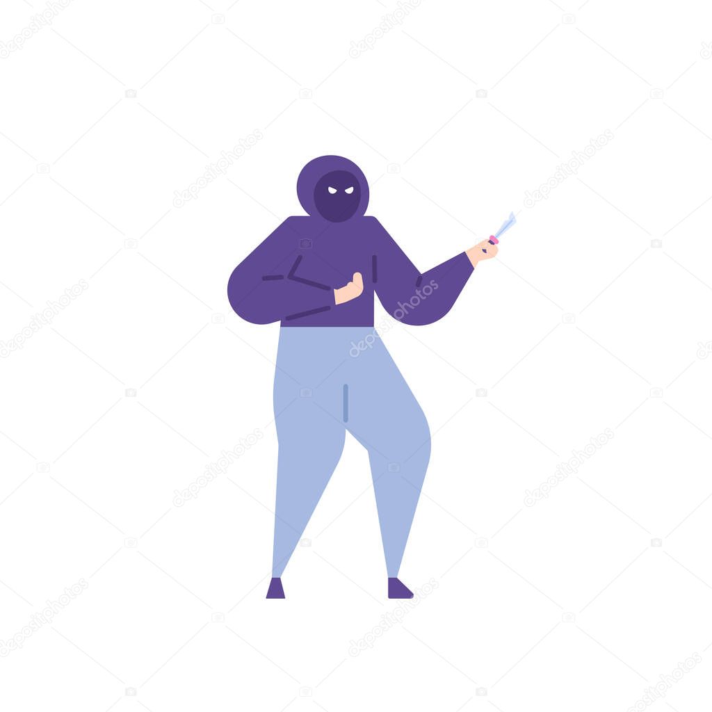 mugger, thief, or murderer. a mysterious person threatens to hurt people using a knife. bad people or criminals. flat cartoon illustration. vector concept design