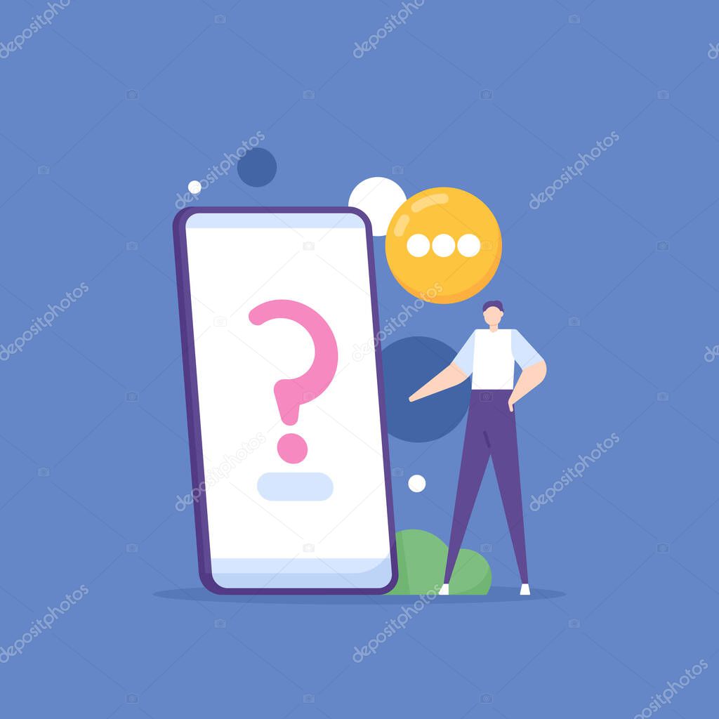 Frequently asked questions or FAQs. online support and help center. chat and answers to questions. A user uses a smartphone to ask a question. flat cartoon illustration. vector concept design
