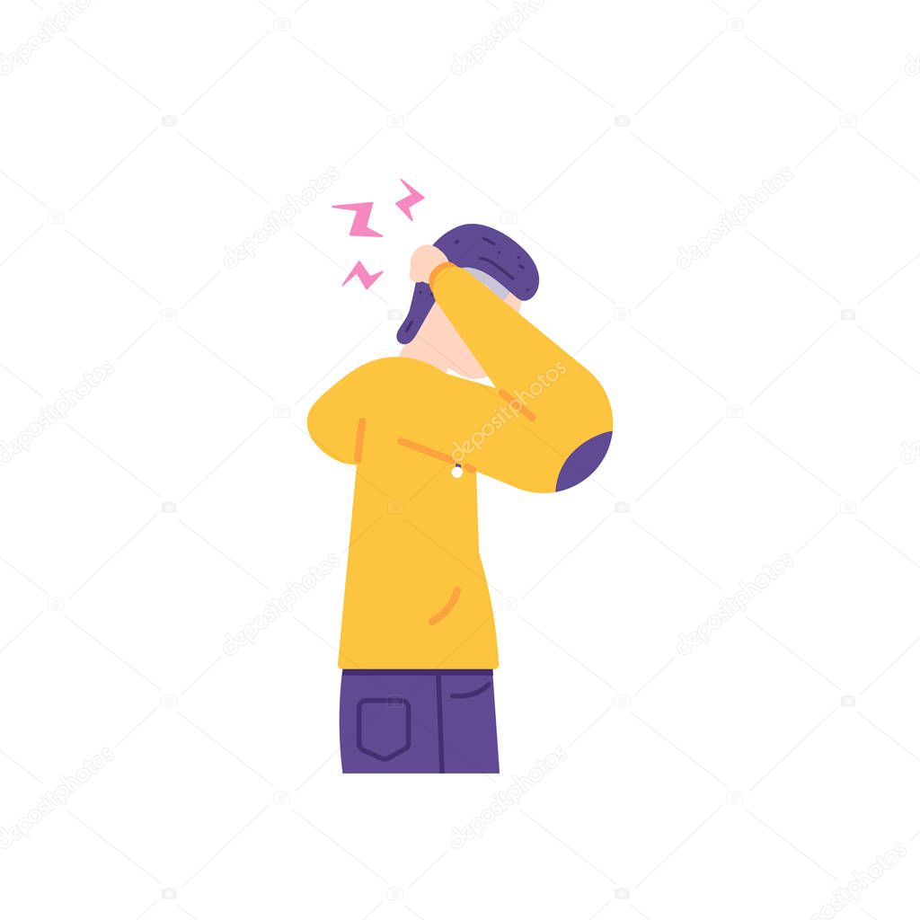 a man holds the back of his head because of pain and dizziness. symptoms of back headaches, brain cancer sufferers, migraines. the expression of the one who endured the pain. flat cartoon illustration