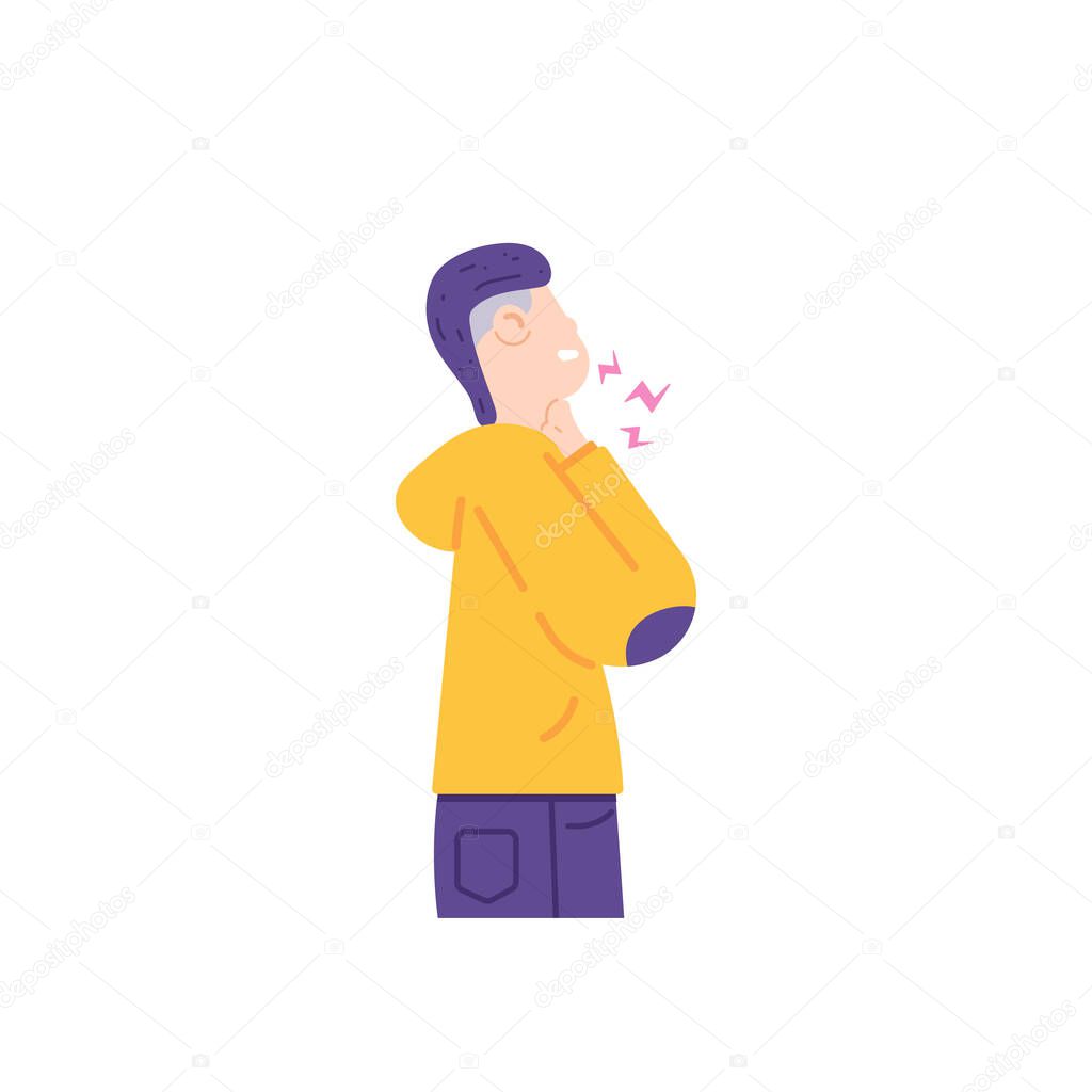 symptoms of sore throat, cough, neck pain, muscle stiffness, pinched nerves. a man holds his neck or throat because he feels pain. problems with the body. flat cartoon illustration. vector design