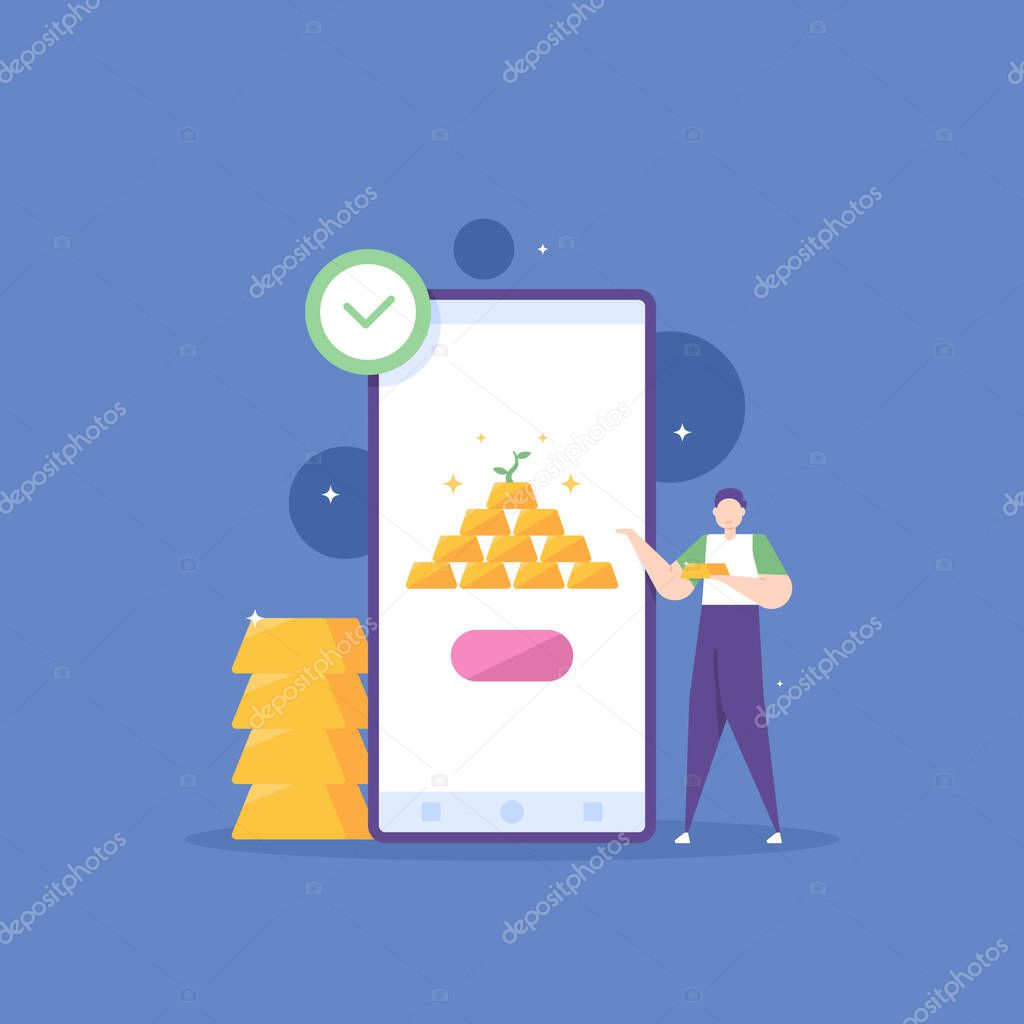digital gold investment. application of buying and selling transactions and gold storage, safe and reliable. smartphone, mobile, tick symbol. flat cartoon illustration. vector concept design