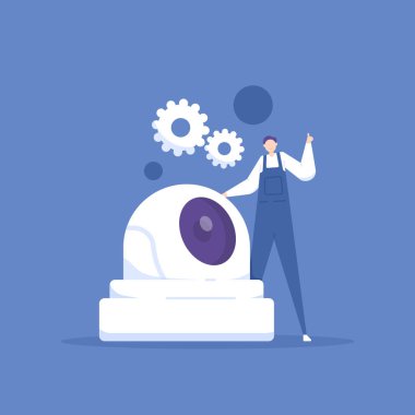 CCTV camera repair, installation and maintenance services. a technician is repairing a broken cctv. security camera system installation. work and profession. flat cartoon illustration. concept design