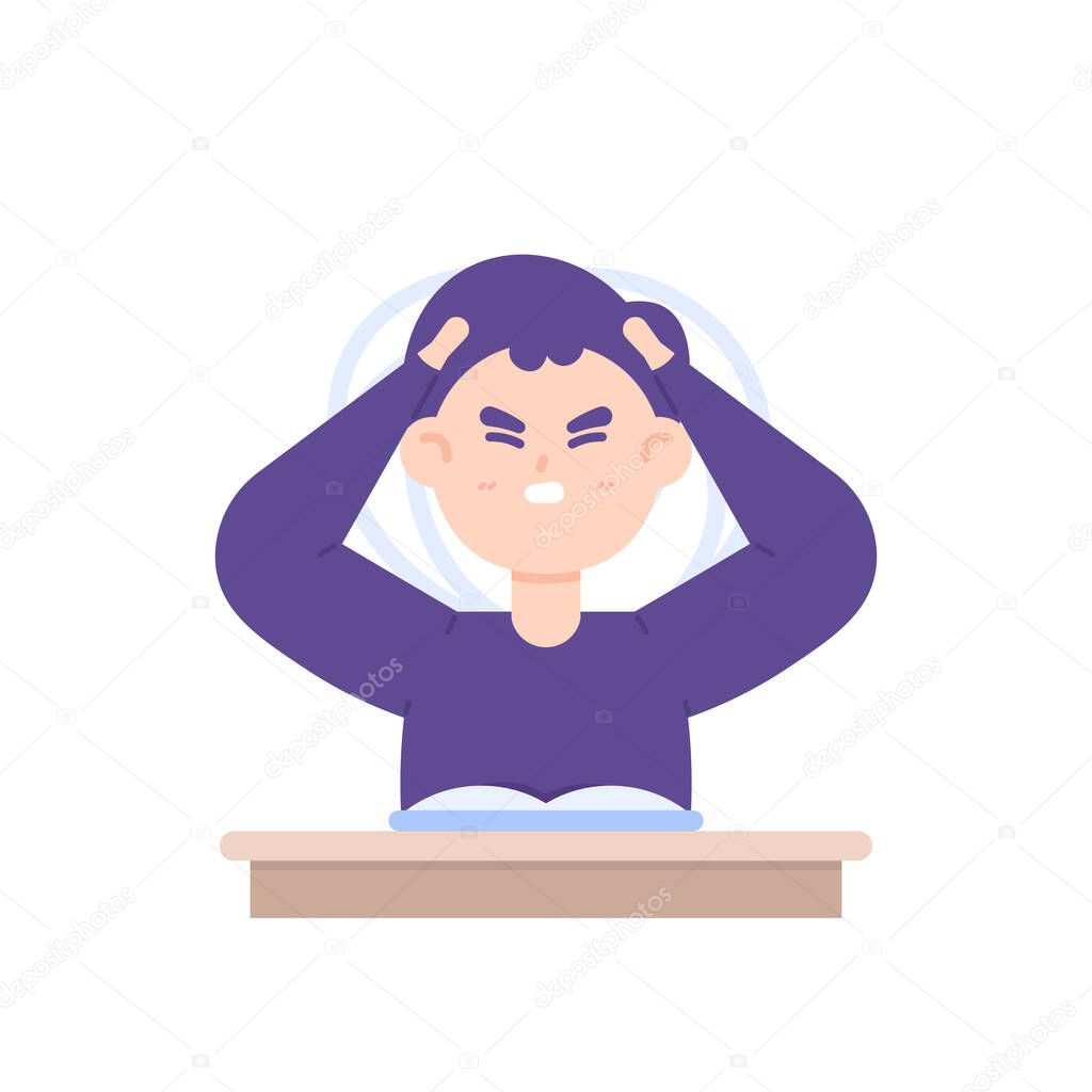a boy who is disturbed so that he feels annoyed and can't focus on studying. a person's expression is resentful, disturbed, headache, dizzy, and difficult to concentrate. read a book. illustration