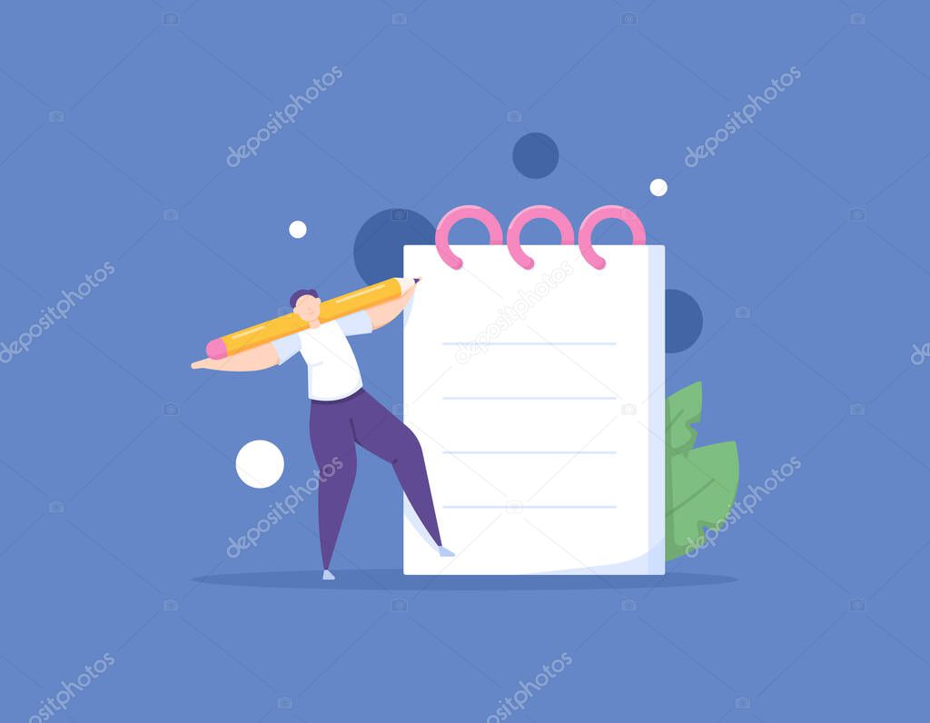 4904writer, copywriter, blogger, creative worker. a man uses a pencil to make or write a note, script, letter in a notebook. work and profession. flat cartoon illustration. vector concept design