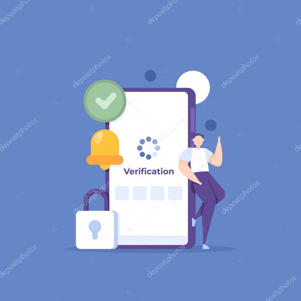 user verification, security system, authorization code. a man receives an OTP code or one time password to identify himself and for protection. user checking. flat cartoon illustration. vector concept