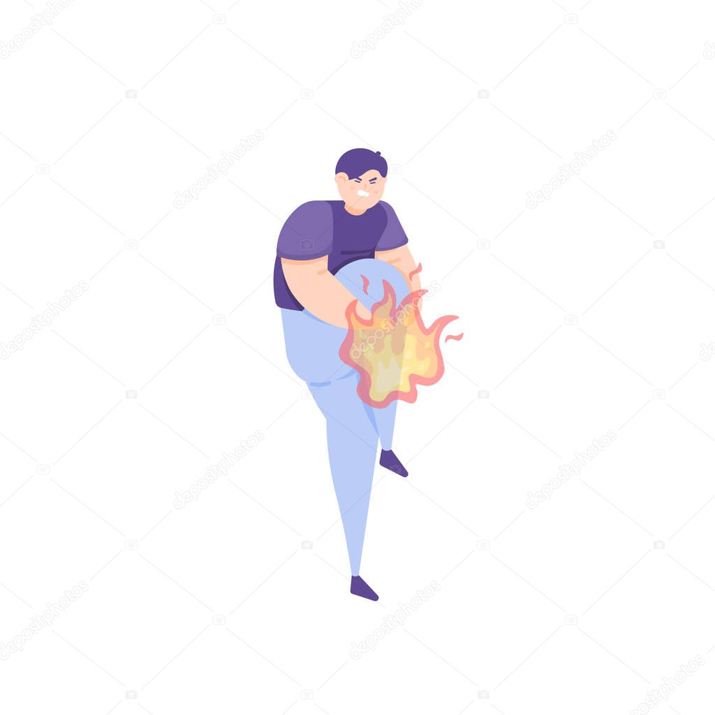 a man felt a burning heat in his legs and knees. symptoms of gout, muscle pain, pinched nerves, neuropathy, diabetes. pain in the legs. body health problems. flat cartoon illustration. character