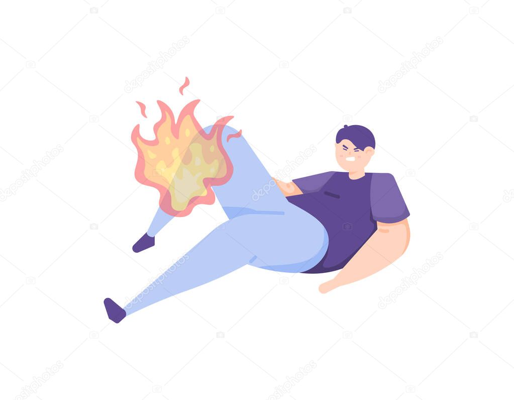 a man felt a burning heat in his legs and knees. symptoms of gout, muscle pain, pinched nerves, neuropathy, diabetes. pain in the legs. body health problems. flat cartoon illustration. character