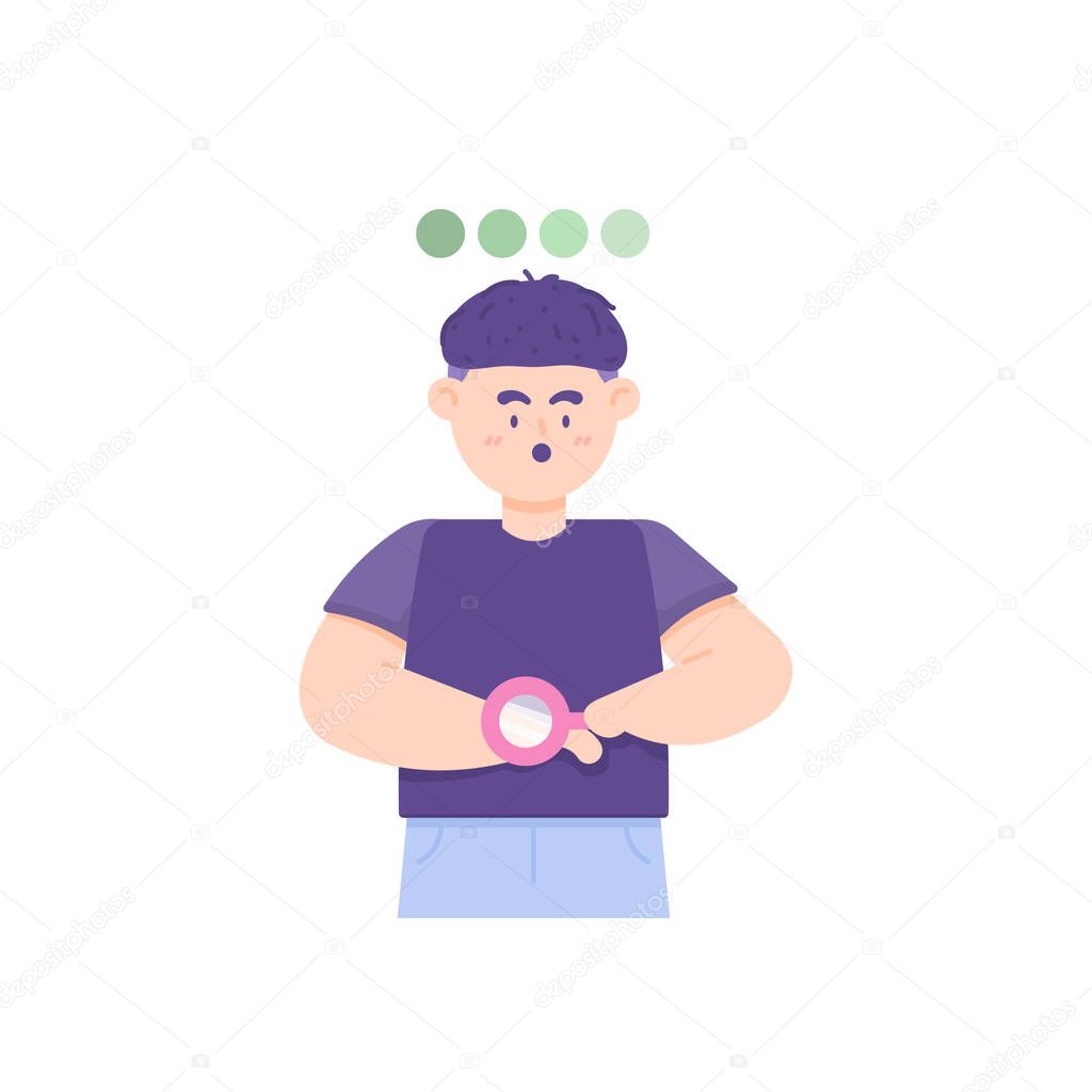 a man examines his hand using a magnifying glass. metaphor of self-identification, analysis, evaluation, introspection, seeking one's hidden talents. cartoon concept illustration. vector design
