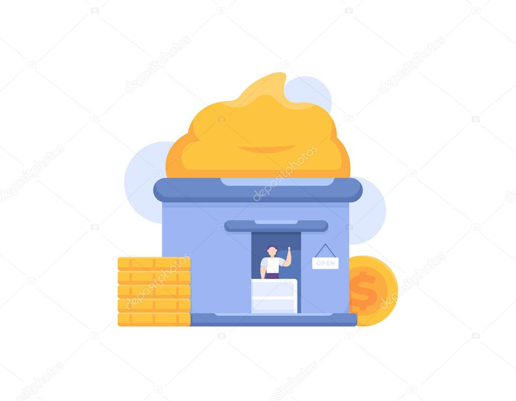 food businesses and SMEs or small and medium enterprises. a shop assistant waving at a booth or shop. ice cream and cupcake shop. cartoon concept illustration. vector design elements