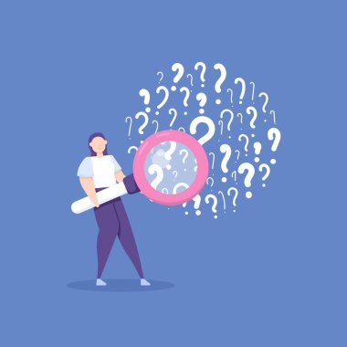 full of problems and questions. finding solutions, solving problems, looking for answers and clues. a woman uses a magnifying glass to solve problems and make decisions. cartoon concept illustration