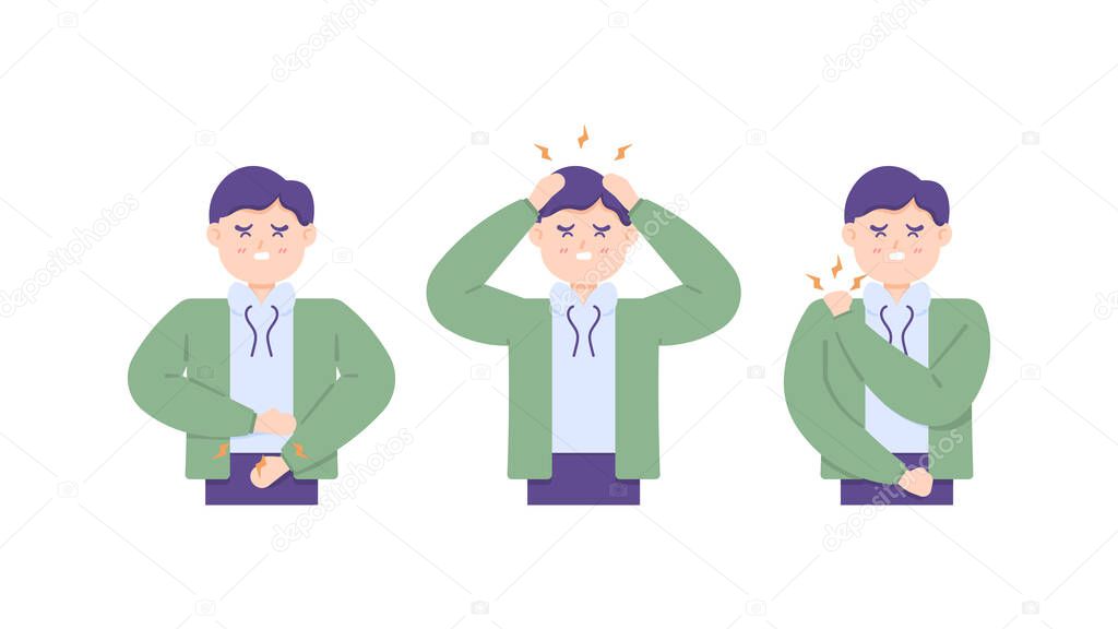 shoulder pain, stomach ache, and headache. illustration of a man with several diseases. facial expressions. hands holding the body. health problems. vector character design. for posters, advertisement