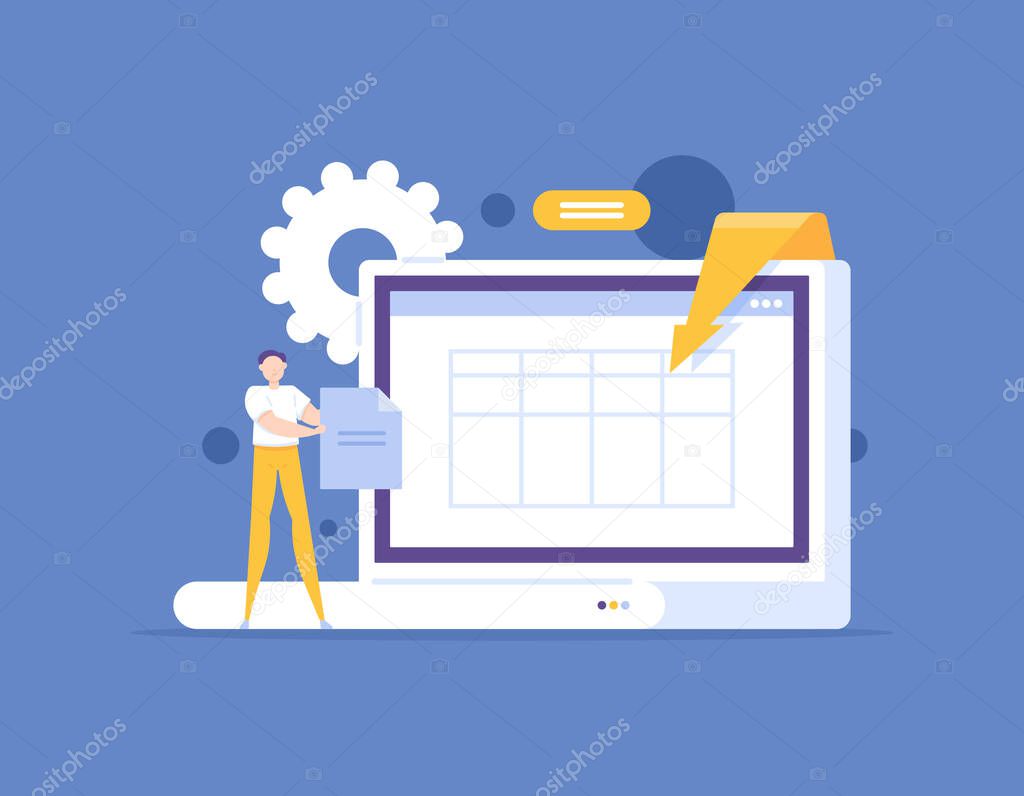 data entry, document and file manager, secretary or administrator. A staff or worker enters data into a laptop. enterprise data management. concept illustration design. for posters, landing pages