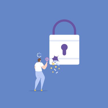 Sunucudaki veri sızıntısı. Bir bilişim personeli sorunu bulup çözmek için büyüteç kullanarak güvenlik sistemini analiz etmeye çalıştı. Kontrol et ve çöz. Hackerlar tarafından veri hırsızlığı. konsept çizim tasarımı