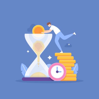 Vakit nakittir. para ve zaman yönetimi. Gelecekteki yatırım. Yaşlılık için para biriktir. Emeklilik parası. Bir işadamı bozuk parayı kum saatine koyar ya da bozuk paraları değiştirip zamanı uzatmak için dönüştürür. konsept