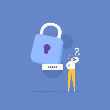 Güvenlik kodunu unuttum. Şifreyi unuttum. Hesap güvenlik sistemi. kullanıcı sorunu. Bir kullanıcı ya da iş adamının kafası karışıktır çünkü kilidi açmak için kullanılan anahtarı hatırlamaz. İllüstrasyon kavramı 