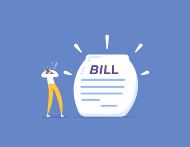 Elektrik ve su faturaları yükseldi. Faturaları al. Fatura mektupları. Bir adam bir mektup, e-posta, borç, kredi ya da vergi faturası aldığı için şok olur ve paniğe kapılır. Çizim konsepti tasarımı