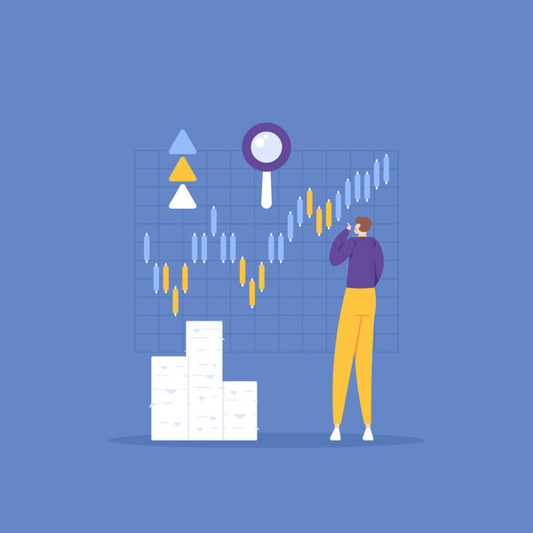 Повышение цены акций. трейдеры следят за движением цен. бизнесмен или аналитик анализирует данные. соблюдать рыночные модели данных и объем биржевых сделок. Концепция иллюстрации