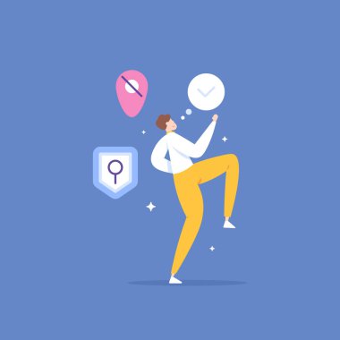 Konum gizliliği ve GPS takibinden korunma. Casus yazılım veya casuslardan korunmak için güvenlik sistemi. Bir adam ya da kullanıcı yürür ve kendini hackerlardan ya da kulak misafirlerinden güvende hisseder. Çizim konsepti tasarımı