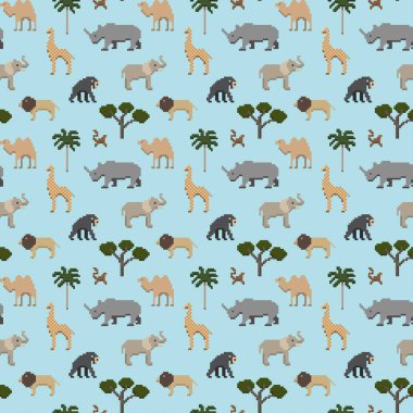 Seamless pattern pixel art safari animals