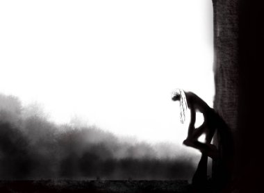 Woman Trapped Domestic Violence Relationship Nightmare concept Abuse Depression Standing Alone in a Room with a Small Square Window and light shining side her Black and White Low Key Mental Health illustration render clipart