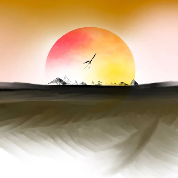 Sol Entre Nuvens Pássaro Voando Uma Pintura Grande Sol Laranja — Fotografia de Stock
