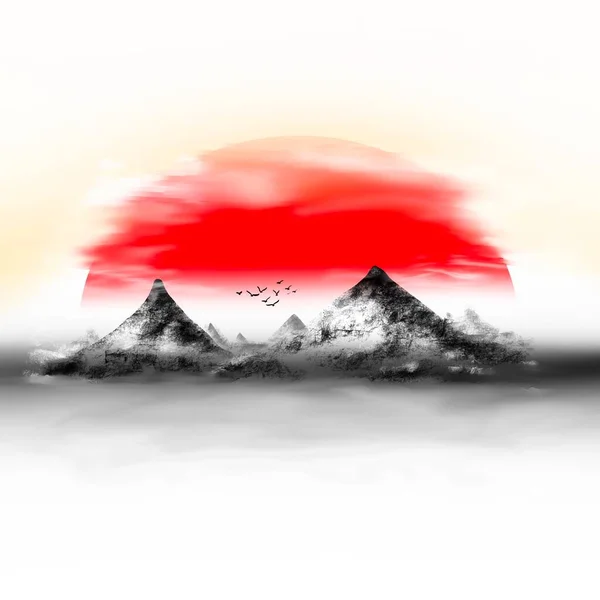 Aquarela Oriental Pinturas Montanhas Grande Sol Vermelho Transmitir Uma História — Fotografia de Stock