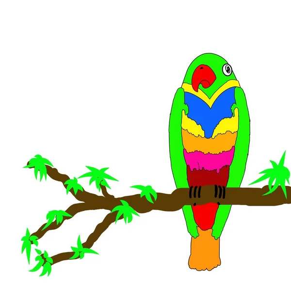 Zelený Papoušek Bílém Pozadí Ilustrace — Stock fotografie