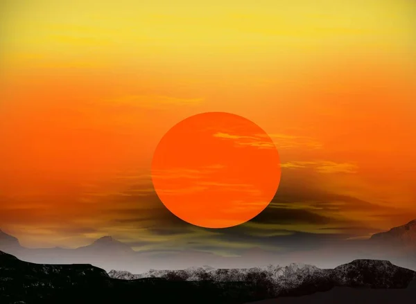 Pôr Sol Laranja Nas Montanhas Com Uma Lua Nascer Sol — Fotografia de Stock
