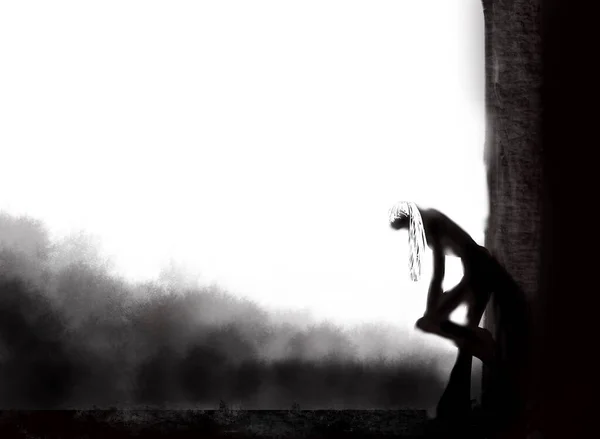 Woman Trapped Domestic Violence Relationship Nightmare concept Abuse Depression Standing Alone in a Room with a Small Square Window and light shining side her Black and White Low Key Mental Health illustration render