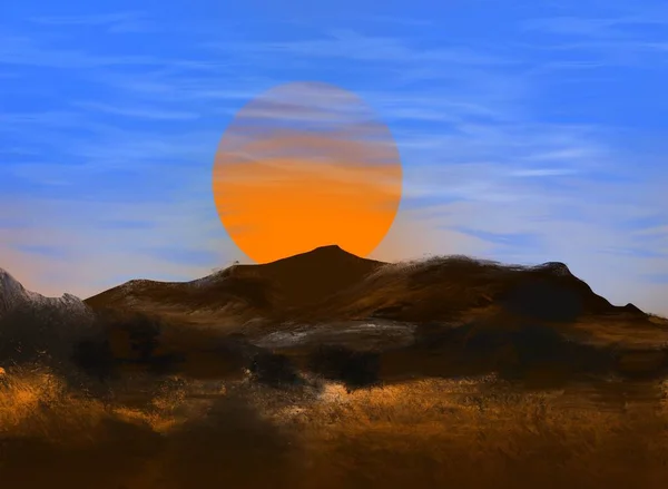 Rendering Cielo Arancione Con Nuvole Luna Sullo Sfondo Illustrazione — Foto Stock
