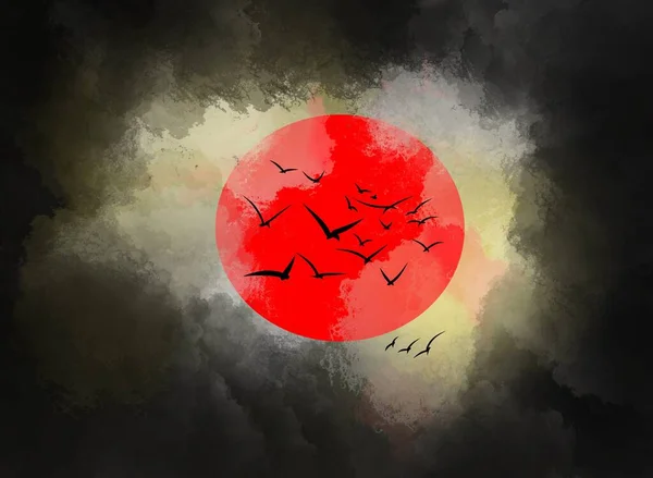 Αφηρημένο Φόντο Μεγάλο Κόκκινο Φεγγάρι Αίματος Και Σιλουέτα Των Πτηνών — Φωτογραφία Αρχείου