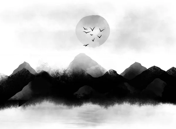 black and white silhouette of a mountain landscape,  illustration birds, and sun.