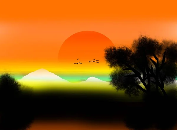 Pôr Sol Sobre Lago Pela Manhã Ilustração — Fotografia de Stock