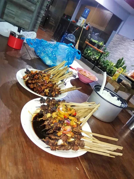 Chicken Satay Goat Satay Beef Satay Spicy Soy Sauce —  Fotos de Stock