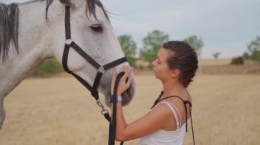 Side view of a young woman petting and taking care of her white horse in a wheat field. High quality FullHD footage in slow motion