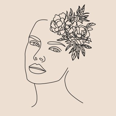 Moda baskıları, dövmeler, posterler, kartlar vb. için moda sanatının silueti modayı yansıtıyor. Soyut sanat yüzü ve çiçek tasarımı. Vektör illüstrasyonu