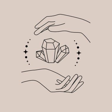 Kadın el logosu en az çizgisel tarzda. El ve kristallerle vektör logosu.