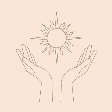 Female hand logo in a minimal linear style. Vector logo with hand and Sun.
