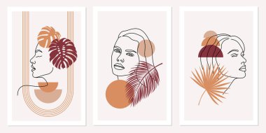 Collection of flyers with woman faces in line bohemian art style and geometric shapes. Promotion for social media stories, cards, flyers, posters, banners and others.