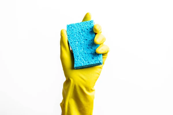 Blue Cleaning Sponge Hand White Background — Stok Foto