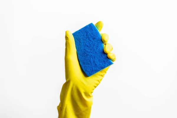 Blue Cleaning Sponge Hand White Background — Stok fotoğraf