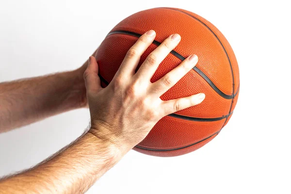 Male Holding Basketball His Hand White Background — Stok Foto