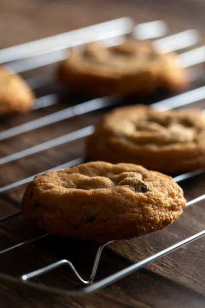 Chocolate chip cookies on a cooling rack on top of a dark wood background